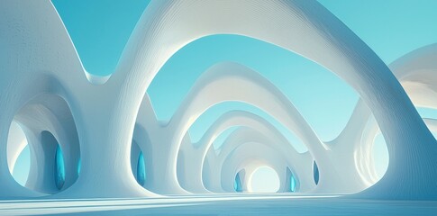 Poster - A futuristic white arched interior in an abstract architecture landscape, visualized as a 3D render