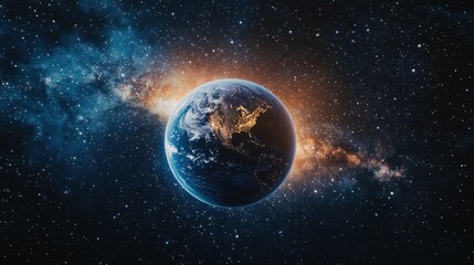 Wall Mural - earth in space, illuminated by city lights and surrounded by a milky way galaxy