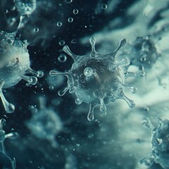 Leinwandbilder - Viruses suspended in droplets of water showcasing microscopic structures and behavior under natural lighting conditions. Generative AI