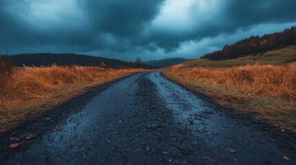 Wall Mural - Wet asphalt road leading through a field under a dark sky. Autumn. Nature, landscape background. For design, print, card, banner. Perspective view.