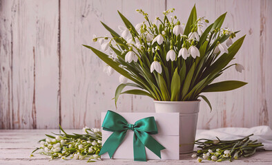 Poster - white flower pot with a green ribbon and a white card with a bow on it. the card is on a table