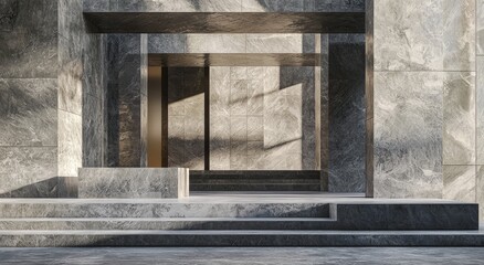 Wall Mural - 3D renderA 3D render of an architectural design showcasing a patterned layout of concrete blocks, illuminated by sunlight creating shadows on the cement floor