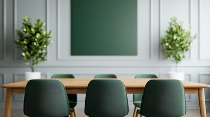 Poster - Modern conference room with wooden table, green chairs and green frame