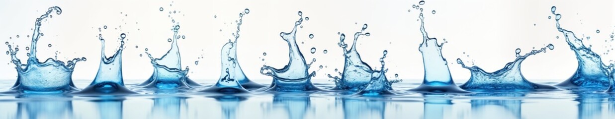 Poster - Collection of clean blue water splashing, flowing. Water pouring downward creating dynamic patterns. Isolated on white background. Abstract image of pure liquid. Ideal for concepts of health, purity.