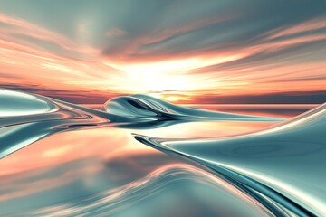 Poster - Explore a sleek futuristic abstract landscape with smooth metallic surfaces and a glowing horizon, offering a serene escape from reality