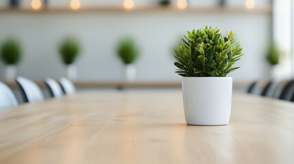Poster - Small potted plant decorating a clean empty table in a bright office
