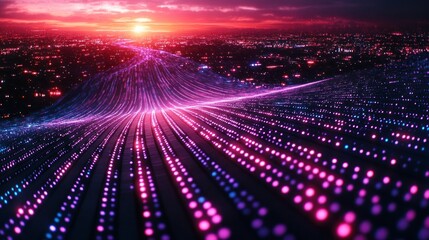 Wall Mural - futuristic cityscape at sunset with glowing data streams.