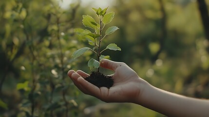 Poster - A small plant held gently in a child's hand, surrounded by lush greenery.