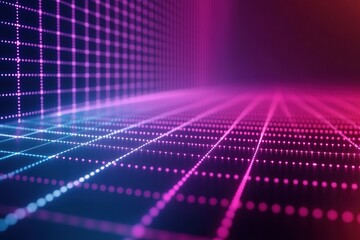 Poster - Futuristic grid pattern with glowing neon lines in cyan and magenta fades into a dark background creating a sleek and modern visual design