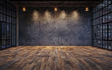 Poster - a 3d illustration and rendering of an abstract interior design featuring concrete, wood, and windows