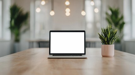 Poster - Laptop with blank screen sitting on wooden table in modern office