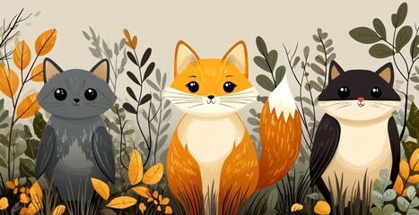 Naklejka na meble Three cute cartoon animals in a forest setting.