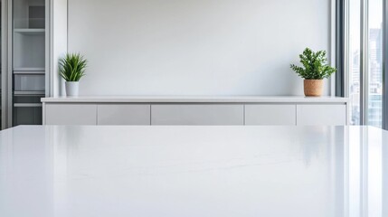 Poster - Empty modern white office desk with plants reflecting on surface