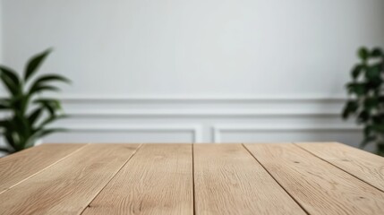 Poster - Empty wooden table in a bright modern office with natural light
