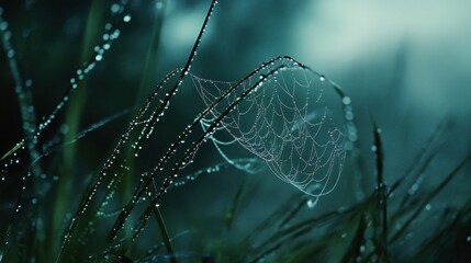 Intricate spiderweb covered in glistening dewdrops, stretched between tall blades of grass --ar 16:9 --v 6.1 Job ID: d7726708-8b9c-4704-bdc0-857769d7e8b1