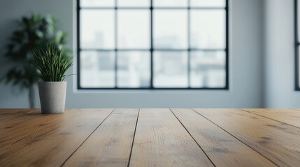 Aufkleber - Empty wooden table in a bright modern office with large window