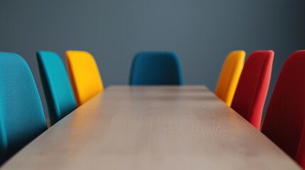 Poster - Empty meeting table with colorful chairs in contemporary office