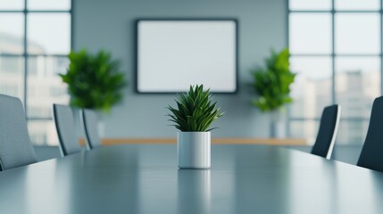 Poster - Modern office meeting room with large glass table and blank frame