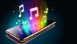 © AI_ALICE - 高画質スマートフォンの虹色に輝くスクリーンから音楽が流れる様子。AIで生成