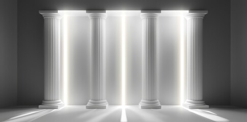 Poster - A 3D rendering depicts an abstract space with a repetitive white architectural design where sunlight creates shadows on the walls