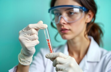 Poster - Young female scientist examines red liquid in test tube. Lab setting, focused attention. Focus on quality, industry standards. Science experiment in action. Check chemical reaction. Food safety