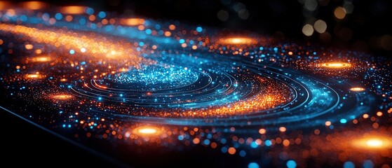 Poster - Swirling blue and orange particles create a cosmic atmosphere. Ideal for space-themed projects, backgrounds, and abstract visuals.