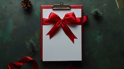 Canvas Print - Red ribbon bow on clipboard with blank paper.