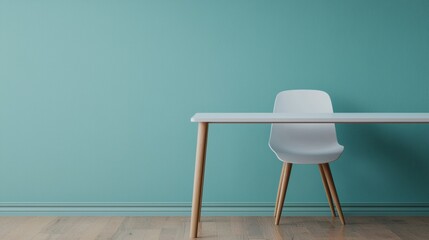 Poster - Minimalist office interior with white table and chair against turquoise wall