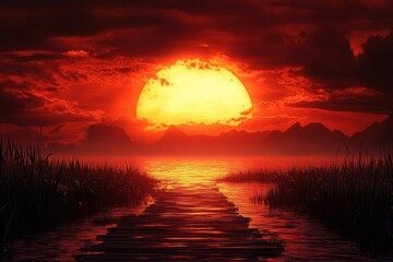 Wall Mural - Dramatic Sunset Over Water with Silhouetted Landscape and Pathway