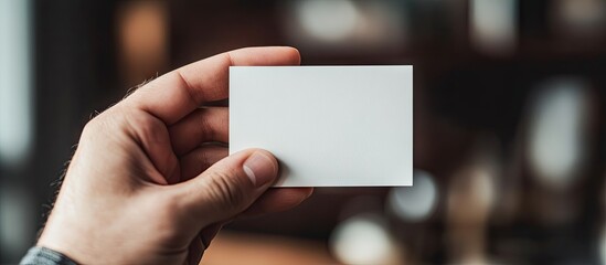 Leinwandbilder - Hand holding a blank business card against an abstract background. with copy space image. Place for adding text or design