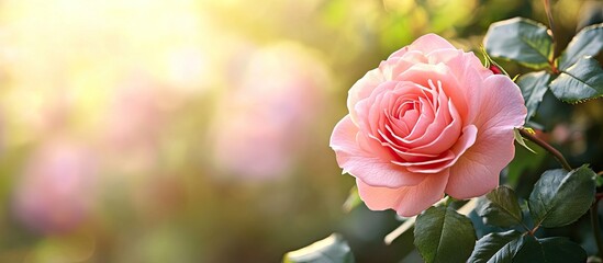 Poster - A lovely blooming pink rose in the garden with a copyspace