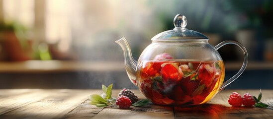 Poster - Tea in a glass teapot Herbal tea featuring berries. with copy space image. Place for adding text or design