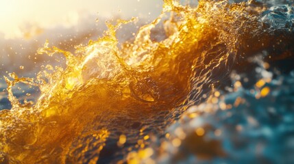 Wall Mural - Glimmering Ocean Wave with Golden Hues at Sunrise and Splash Effects