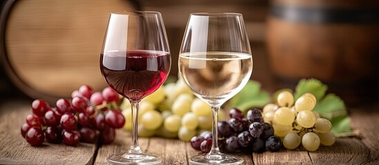 Poster - Close up of red and white wine glasses with grapes on a wooden table. with copy space image. Place for adding text or design