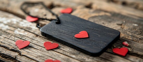 Poster - Black wooden tag featuring red hearts on a wooden backdrop Simple and minimalistic design suitable for advertising business and commercial use Copy space for text Concept of love photography