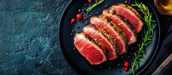 Leinwandbilder - Red tableware featuring roasted sliced tuna steak on a blue stone background viewed from above horizontal shot with copyspace