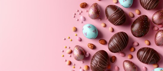 Poster - Chocolate Easter eggs and decorations arranged flat for a kids Easter egg hunt concept on a pink background Candies shaped like eggs. with copy space image. Place for adding text or design