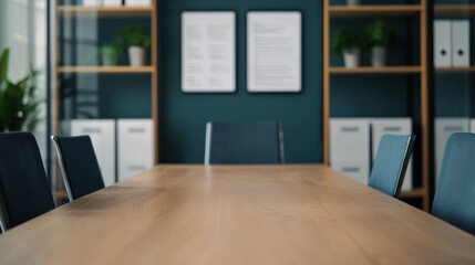 Poster - Empty meeting table in modern office with blue chairs and green decor
