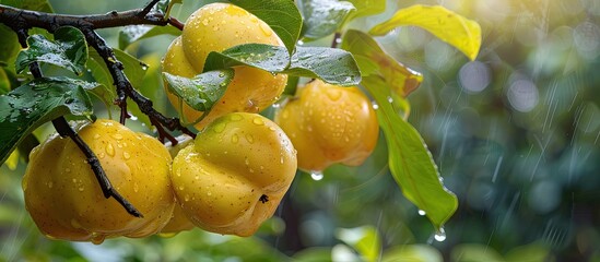 Poster - Yellow quinces on tree branches with green leaves on a sunny day Ripening quince fruit Cydonia oblonga Mature yellow quince fruits with raindrops growing on the quince tree. with copy space image