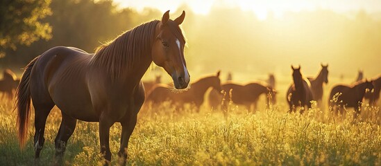 Poster - Horses grazing in a herd. with copy space image. Place for adding text or design