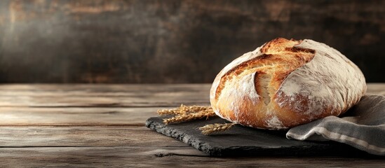 Poster - A loaf of freshly baked Lithuanian bread on a blackboard with a napkin set against a wooden background. with copy space image. Place for adding text or design
