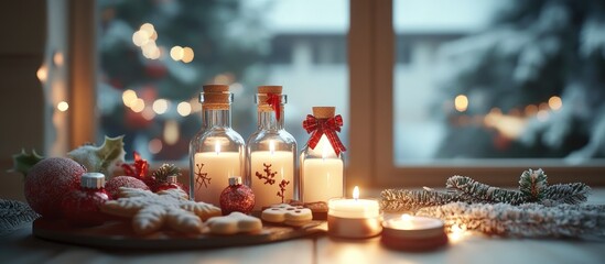 Aufkleber - Four candles in bottles are lit for Advent with Christmas cookies and decorations on a table by the window copy space selected focus narrow depth of field