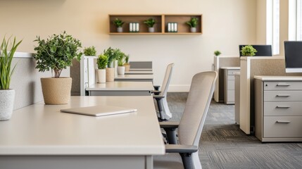 Poster - Laptop sitting on desk in modern open plan office with plants