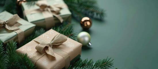 Aufkleber - Gift boxes on a green table alongside fir branches A box with a ribbon bow presented in holiday wrapping paper Minimalistic Christmas gifts and ornaments. with copy space image