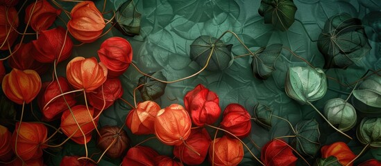 Canvas Print - Green and red lampions alkekengi physalis used as texture and background. with copy space image. Place for adding text or design