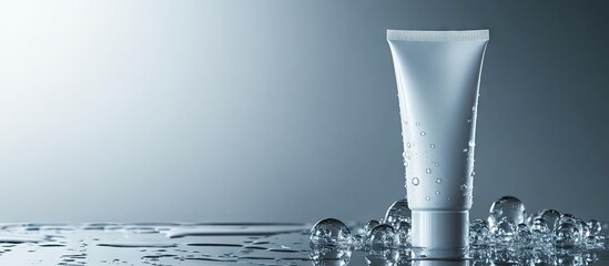 Poster - Moisturizing cream in a tube sitting on glass with water droplets set against a grey background. with copy space image. Place for adding text or design