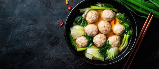 Leinwandbilder - Japanese hot pot with chicken meatballs leeks and cabbage. with copy space image. Place for adding text or design