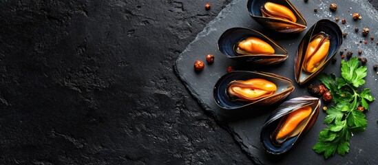 Poster - Fresh raw mussels seasoned with spices on a slate stone against a dark background Seafood top view flat lay copy space