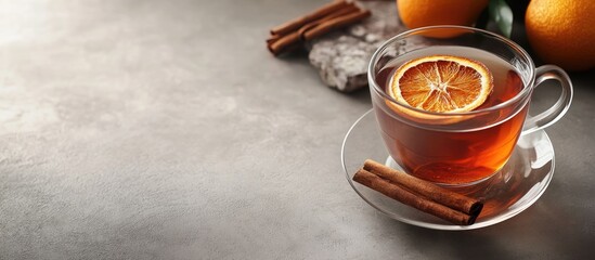 Aufkleber - Fruit tea with cinnamon and dried orange in a teacup on a gray table Blank free space for your advertising or text Copyspace