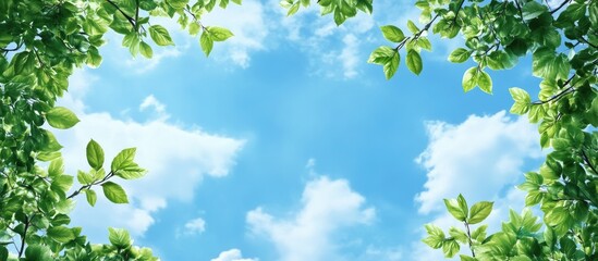 Poster - Blue sky backdrop with clouds surrounded by a border of leaves and tree branches copy space